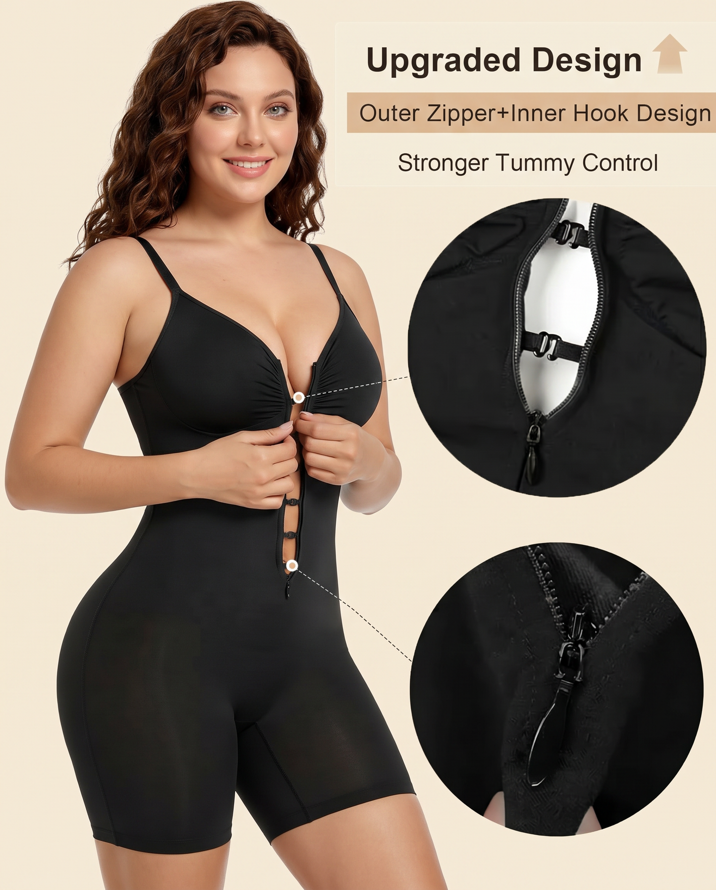 Women's High Elastic Zipper Adjustable Straps Breathable Mesh Design Tummy Control Body Shaper