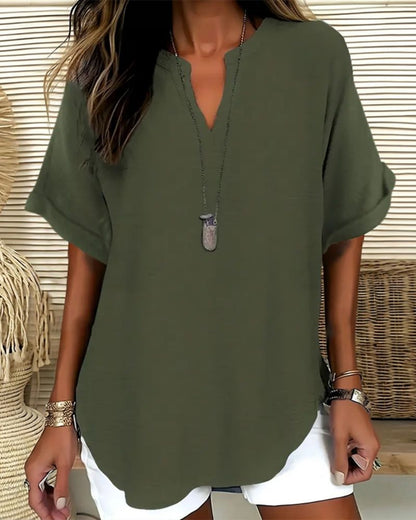 Relaxed V-Neck Short Sleeve Blouse
