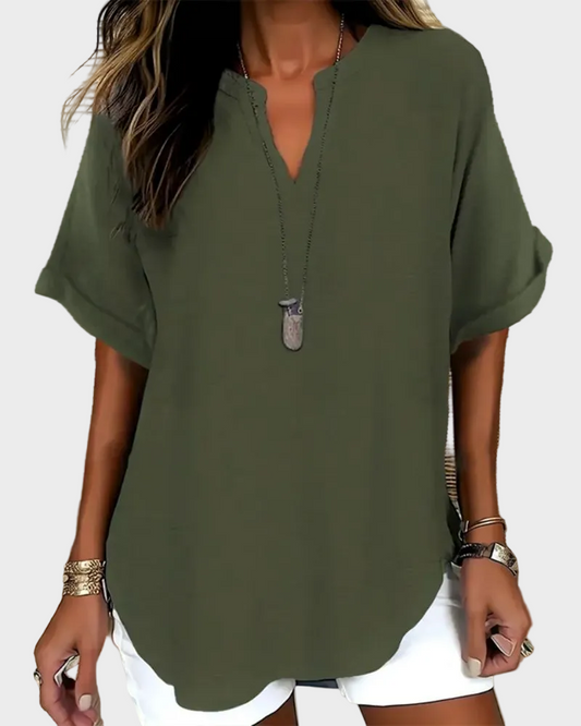 Relaxed V-Neck Short Sleeve Blouse