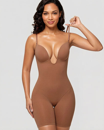 Women's U Plunge Strapless Tummy Control Bodysuit Low Back Built In Bra Shapewear
