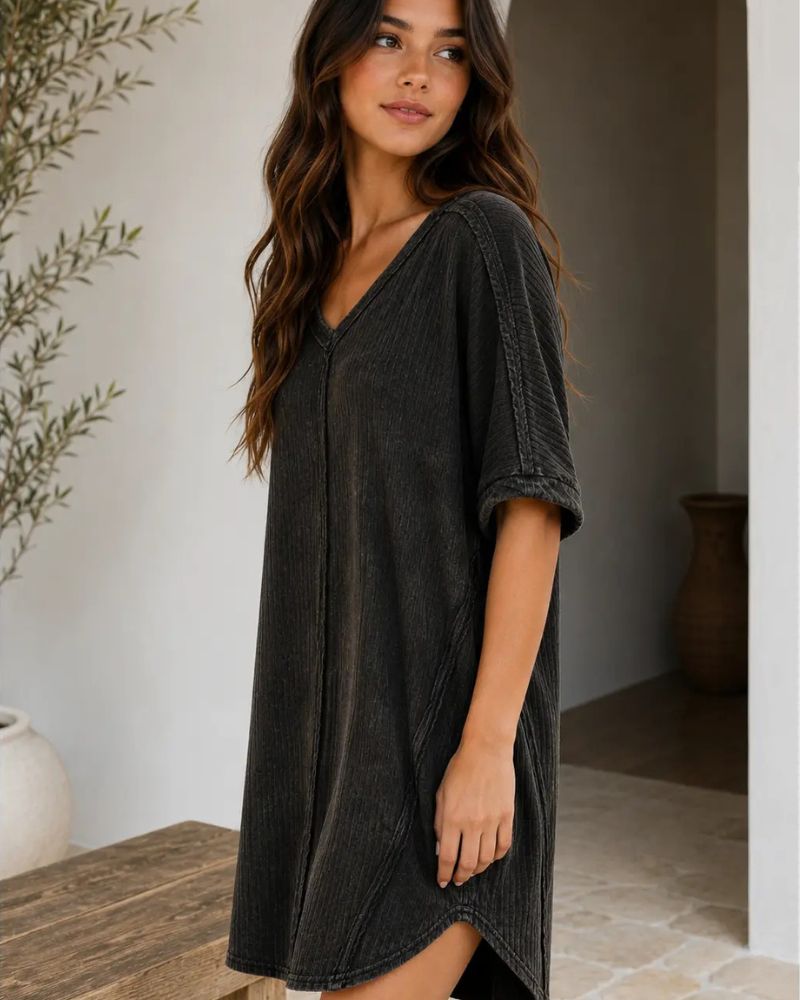 Ribbed Acid-Wash V-Neck Oversized Casual Dress