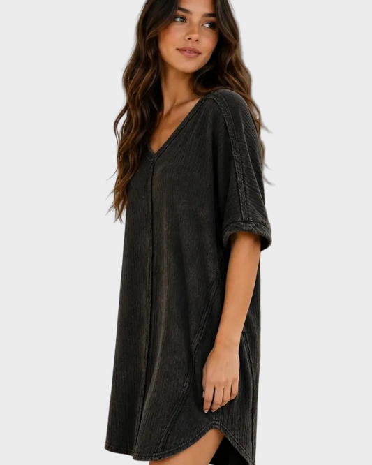 Ribbed Acid-Wash V-Neck Oversized Casual Dress