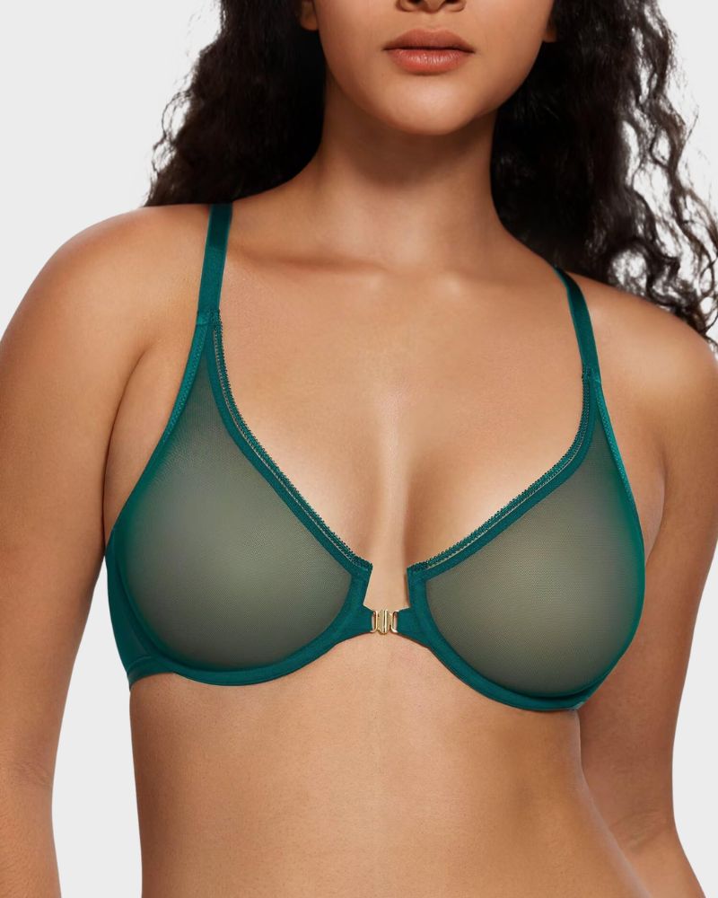 Front-Closure Mesh Plunge Racerback Underwire Bra