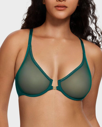 Front-Closure Mesh Plunge Racerback Underwire Bra