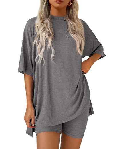 Casual 2-Piece Loungewear Set Oversized Split Hem Top & Fitted Shorts