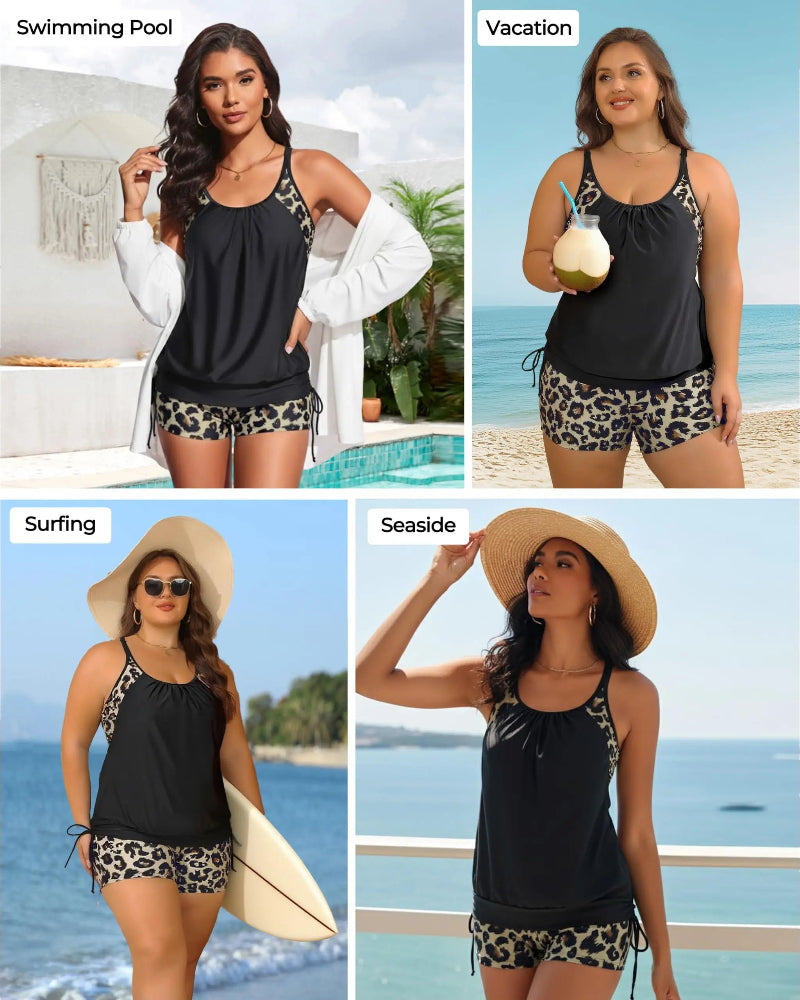 Two-Piece Blouson Tankini Swimsuit with Boyshorts