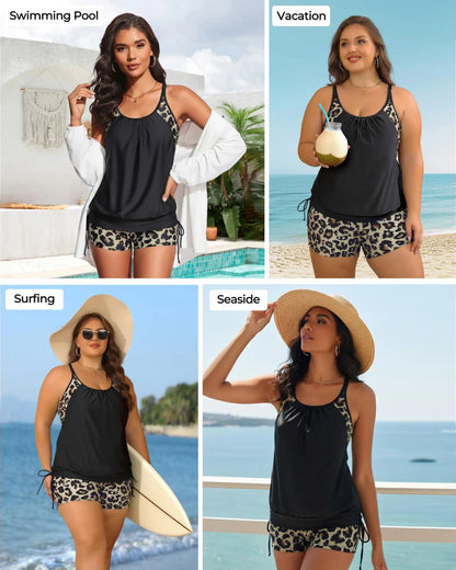 Two-Piece Blouson Tankini Swimsuit with Boyshorts