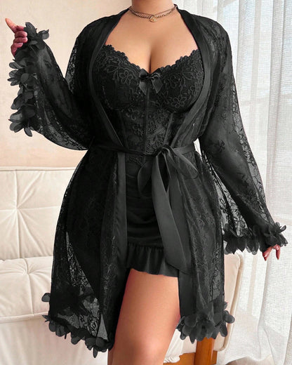 Plus size Lace Cami Nightgown & Floral Lace Trim Wide Sleeve Sheer Robe