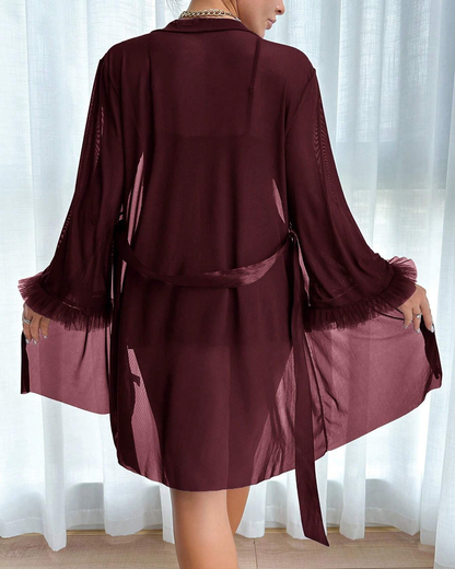 Lace Cami Nightgown & Floral Lace Trim Wide Sleeve Sheer Robe