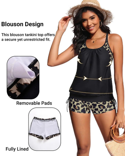 Two-Piece Blouson Tankini Swimsuit with Boyshorts