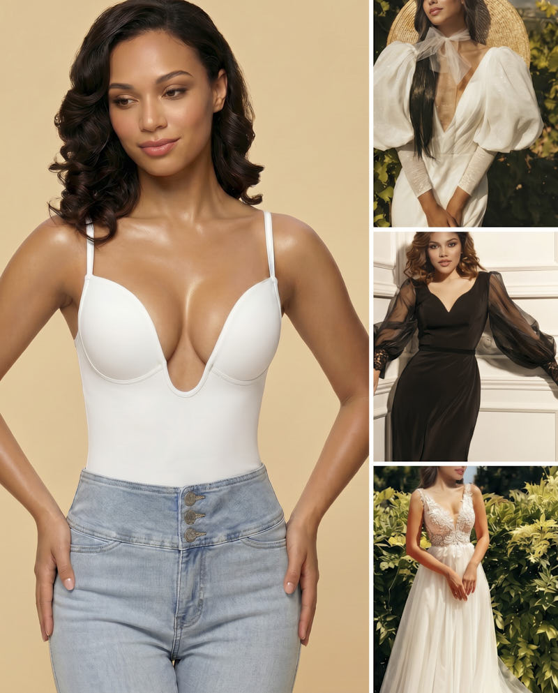 Women's U Plunge Strapless Tummy Control Bodysuit Low Back Built In Bra Shapewear