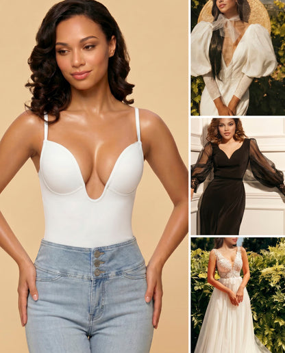 Women's U Plunge Strapless Tummy Control Bodysuit Low Back Built In Bra Shapewear