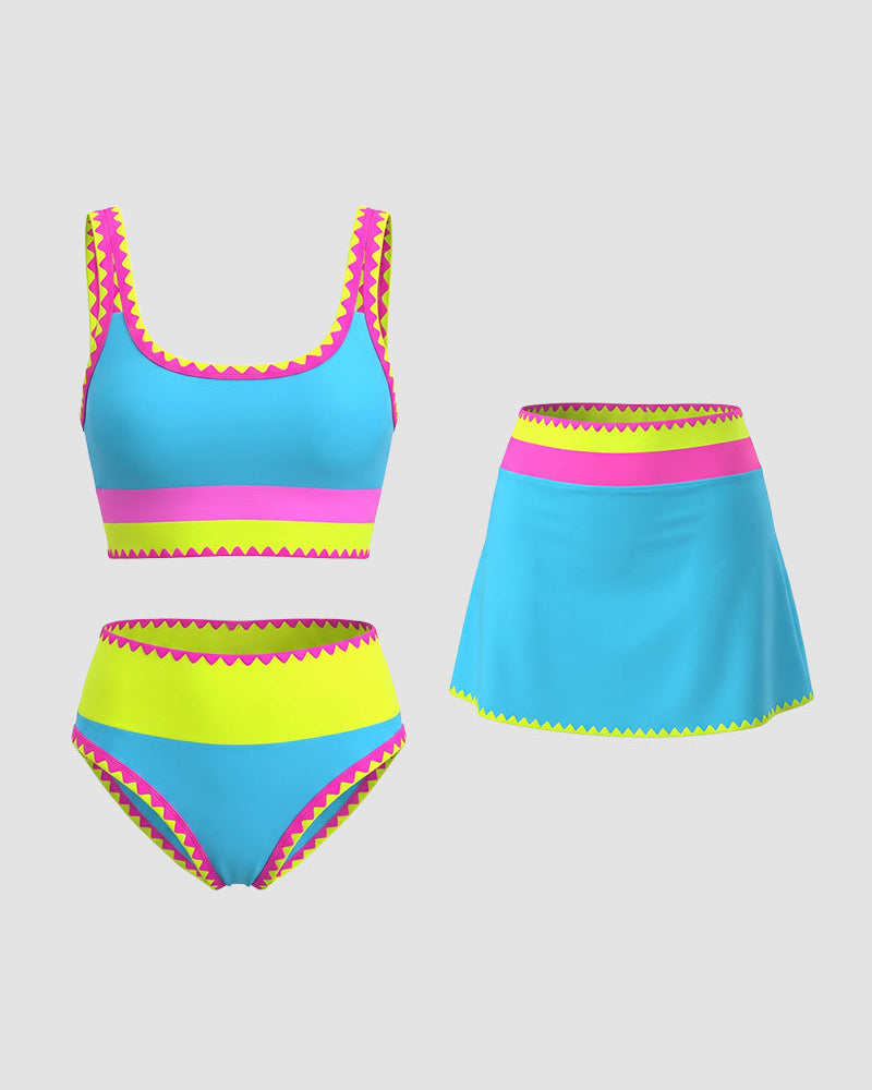 Contrast Patchwork Sporty 3-Piece Bikini Set