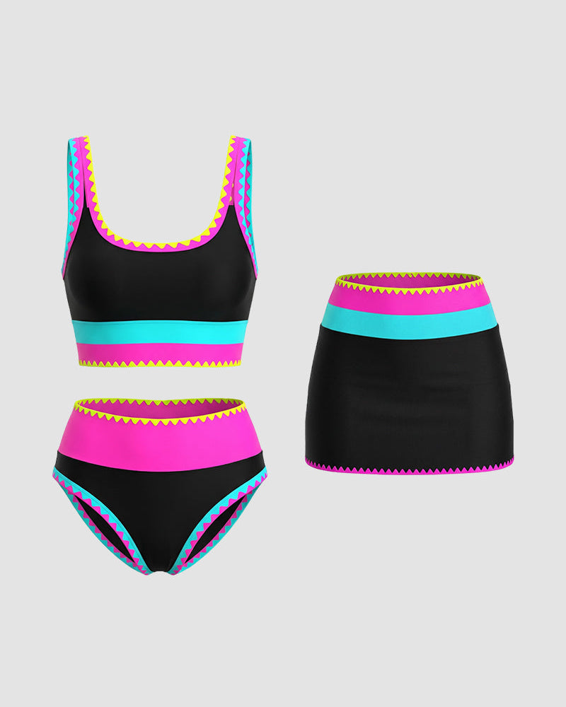 Contrast Patchwork Sporty 3-Piece Bikini Set