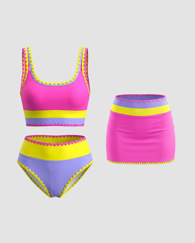 Contrast Patchwork Sporty 3-Piece Bikini Set