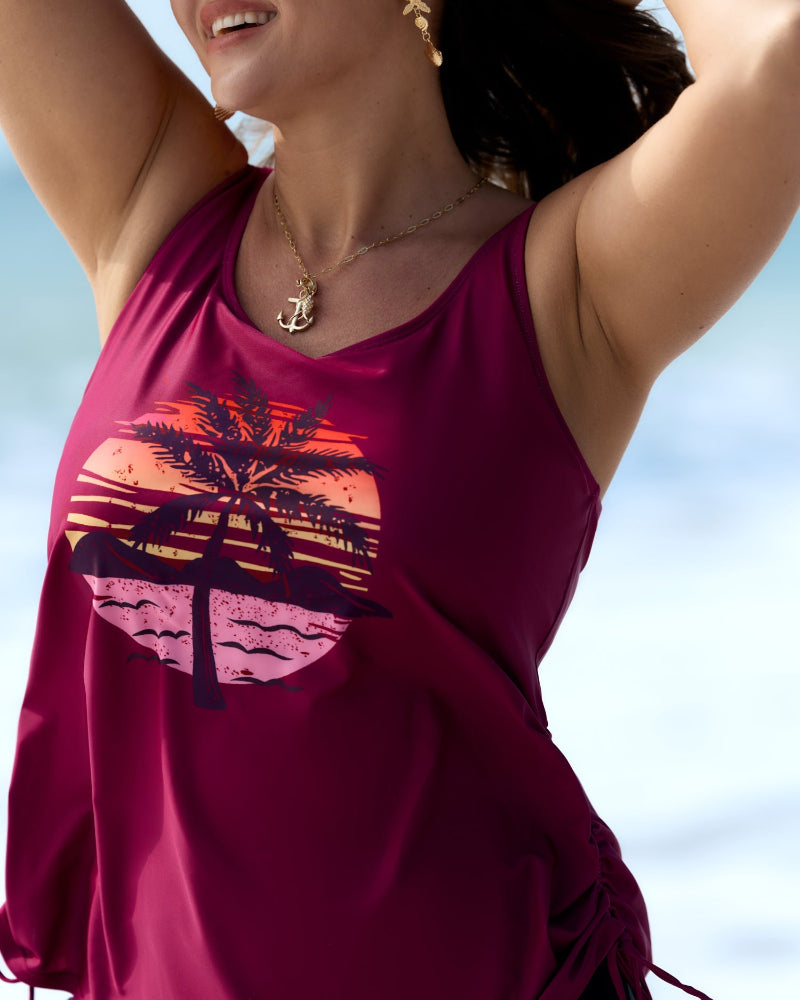 Island Print Drawstring Adjustable Swim Top
