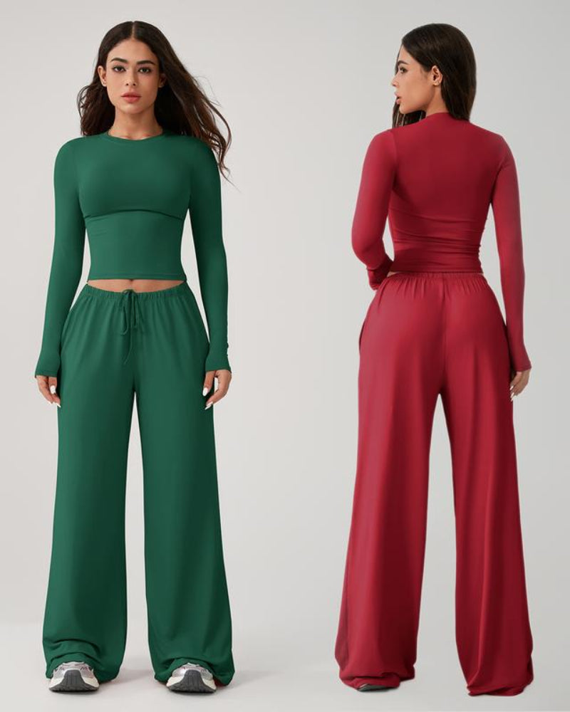 Women’s 2-Piece Activewear Set: Long-Sleeve Crop Top & Wide-Leg Pants | Stretchy Yoga/Workout/Running Clothes