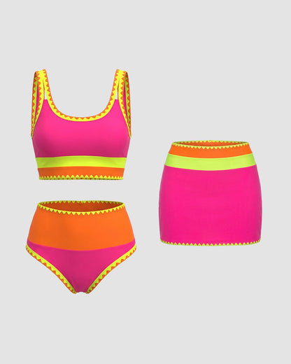 Contrast Patchwork Sporty 3-Piece Bikini Set