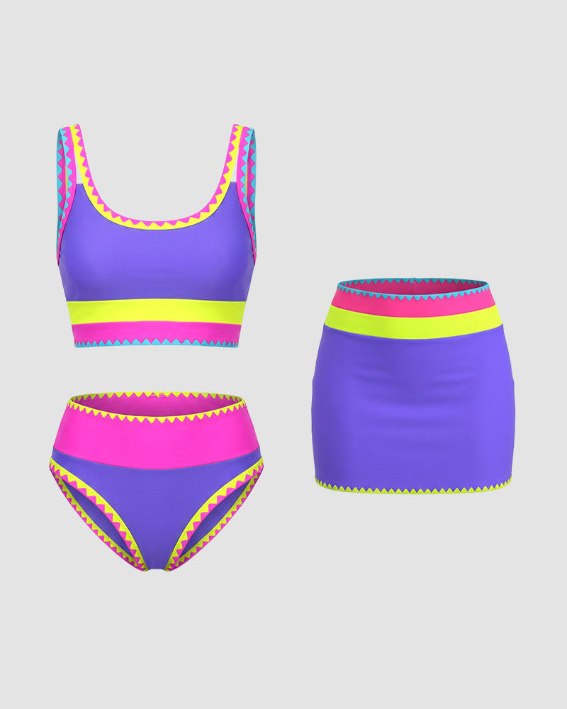 Contrast Patchwork Sporty 3-Piece Bikini Set