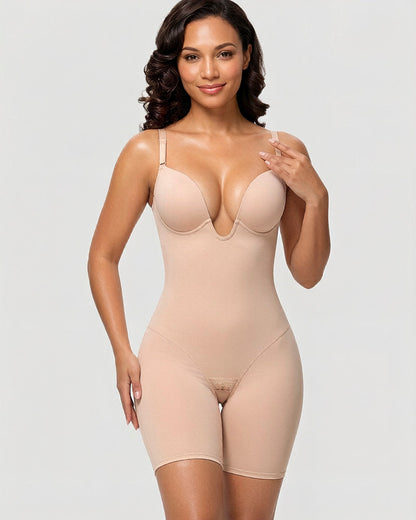 Women's U Plunge Strapless Tummy Control Bodysuit Low Back Built In Bra Shapewear