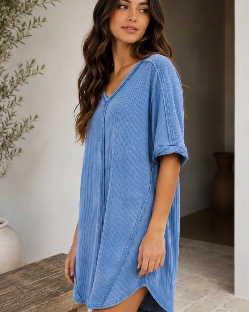 Ribbed Acid-Wash V-Neck Oversized Casual Dress