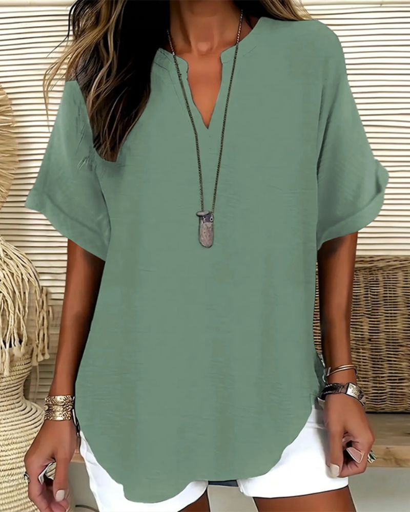 Relaxed V-Neck Short Sleeve Blouse