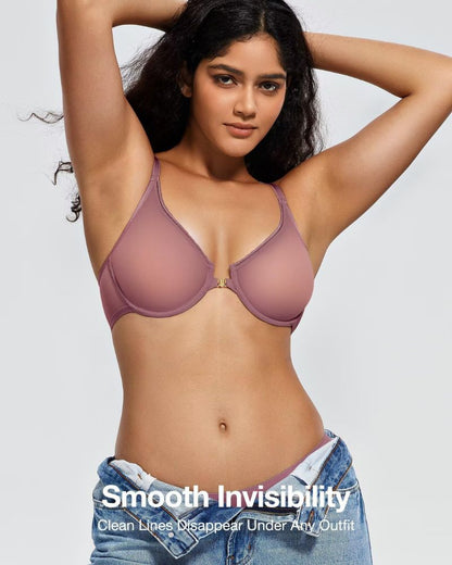 Front-Closure Mesh Plunge Racerback Underwire Bra