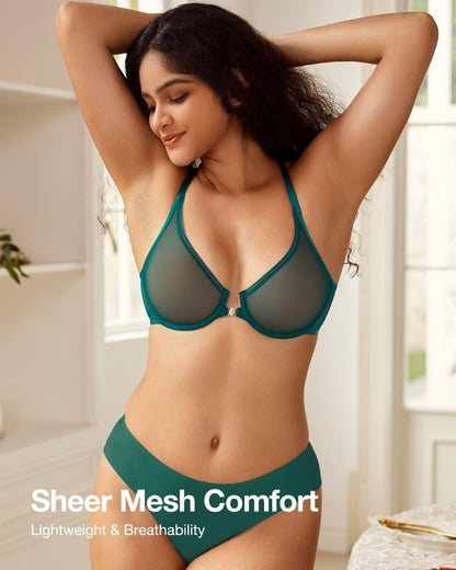 Front-Closure Mesh Plunge Racerback Underwire Bra