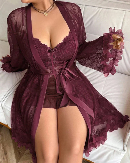 Plus size Lace Cami Nightgown & Floral Lace Trim Wide Sleeve Sheer Robe