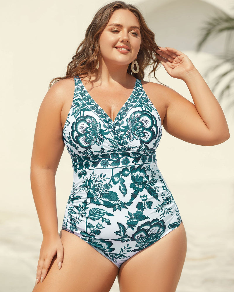Two-Piece Floral Print Ruched Mesh Swimsuit, Sarong