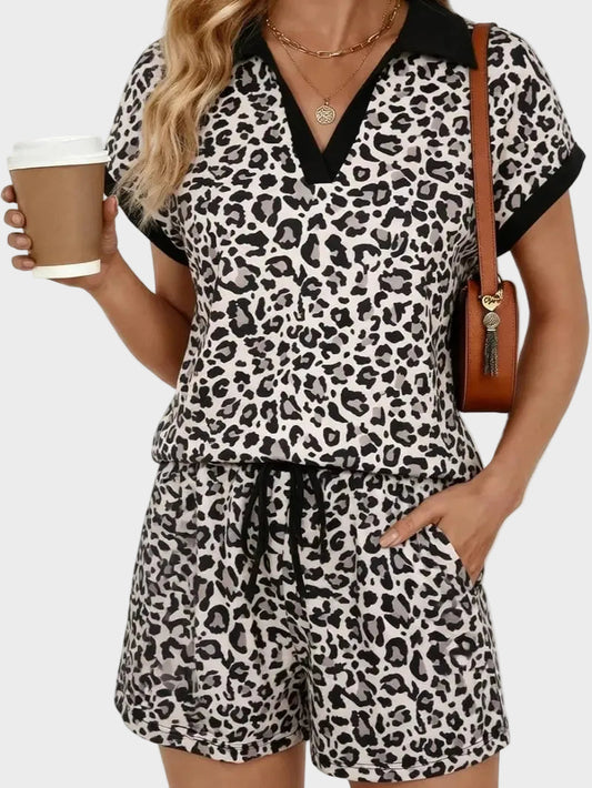 Leopard Print V-Neck Cap Sleeve 2-Piece Lounge Set