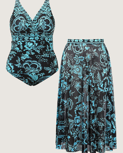 Two-Piece Floral Print Ruched Mesh Swimsuit, Sarong