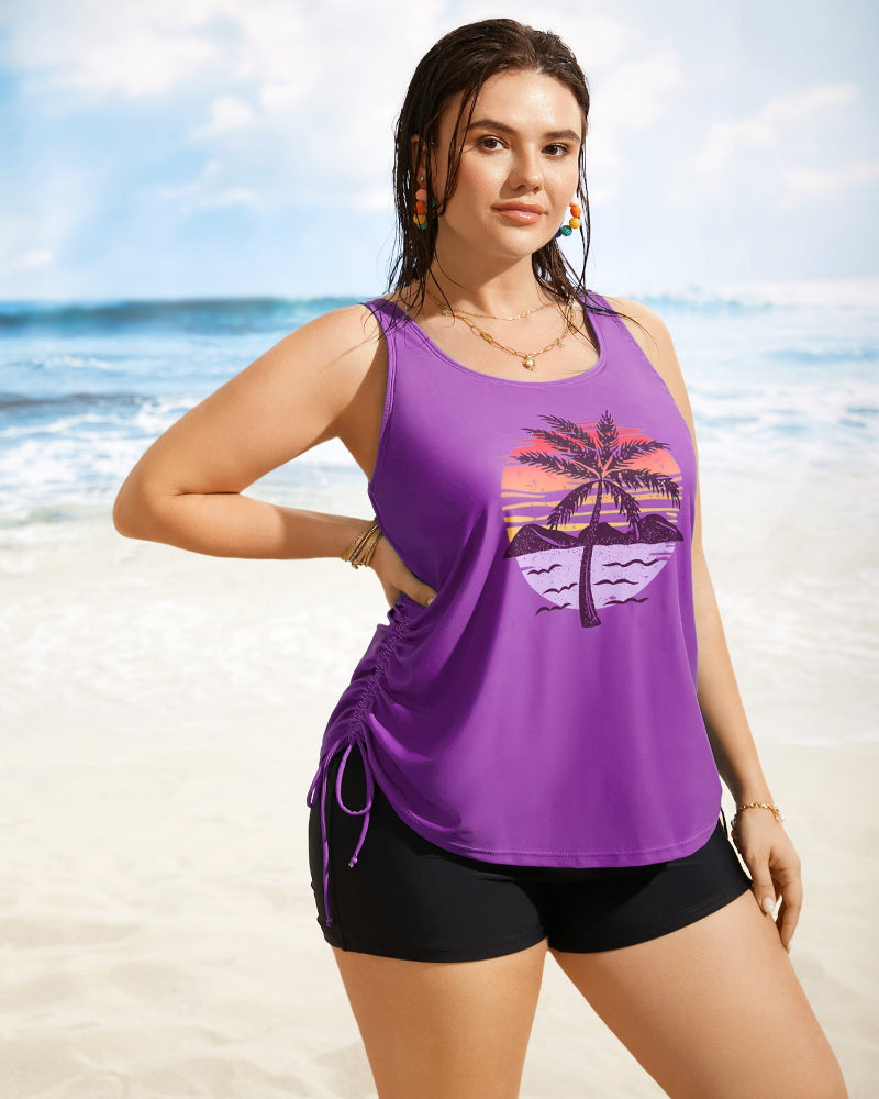 Island Print Drawstring Adjustable Swim Top