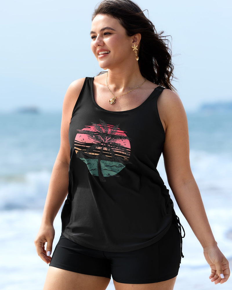 Island Print Drawstring Adjustable Swim Top