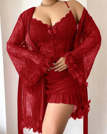 Plus size Lace Cami Nightgown & Floral Lace Trim Wide Sleeve Sheer Robe