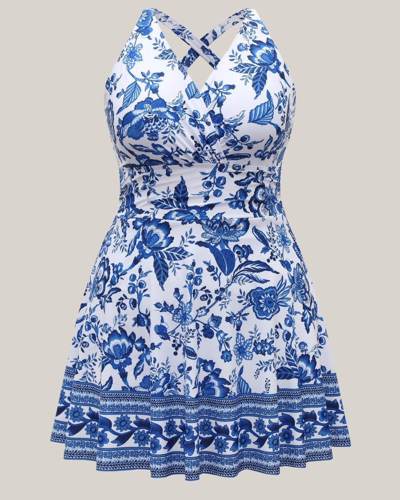 Boho Print Ruched Pockets Swim Dress