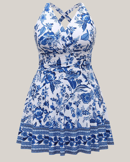 Boho Print Ruched Pockets Swim Dress