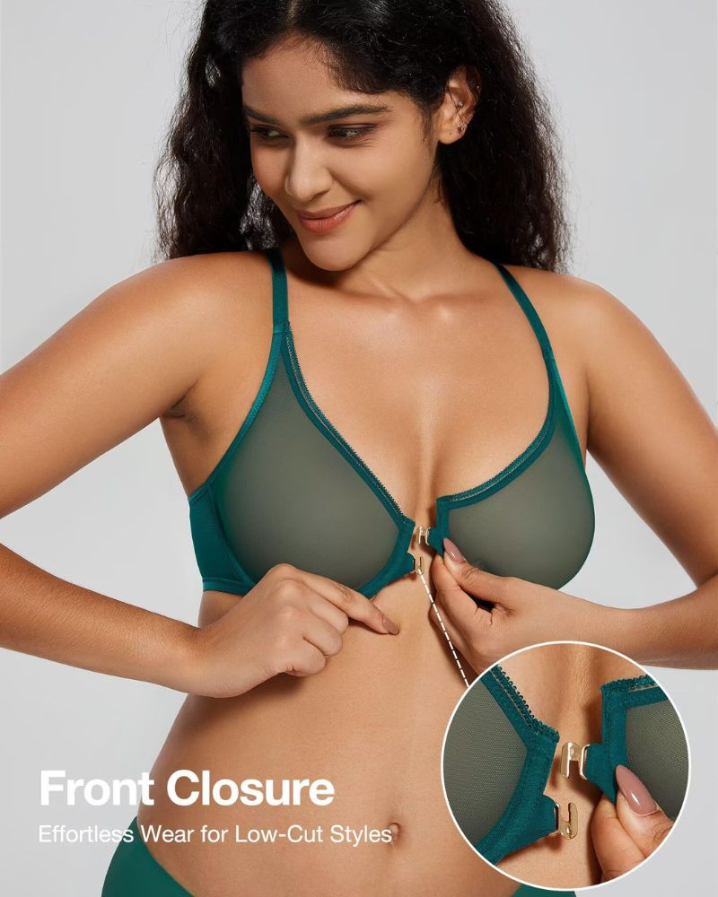 Front-Closure Mesh Plunge Racerback Underwire Bra