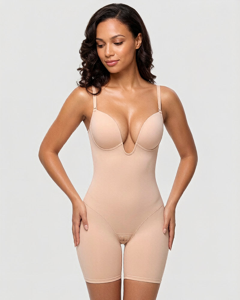 Women's U Plunge Strapless Tummy Control Bodysuit Low Back Built In Bra Shapewear