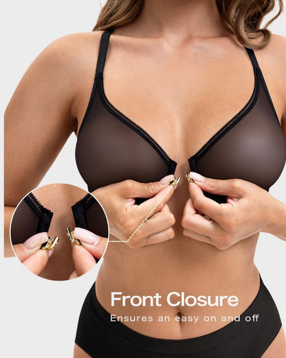 Front-Closure Mesh Plunge Racerback Underwire Bra