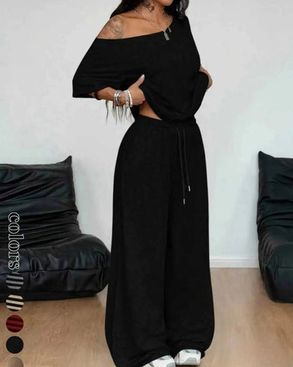 Striped Off-Shoulder Wide-Leg Two-Piece Set