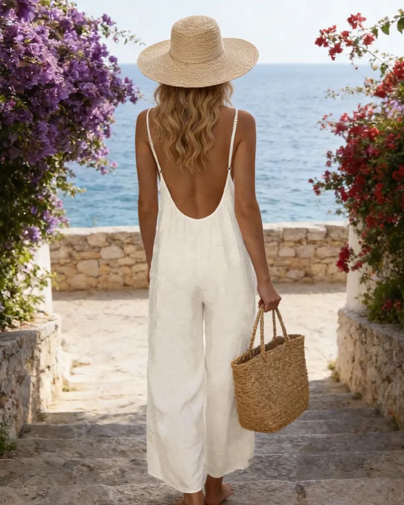 Strappy Backless Wide-Leg Jumpsuit With Pockets