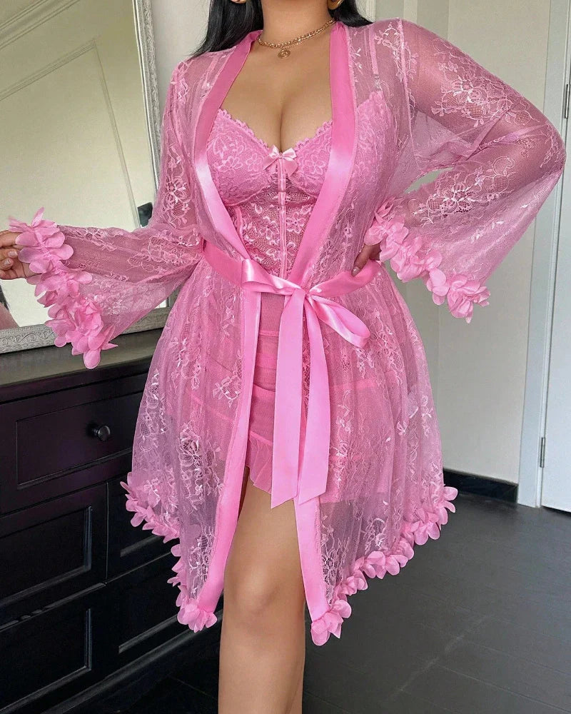 Plus size Lace Cami Nightgown & Floral Lace Trim Wide Sleeve Sheer Robe