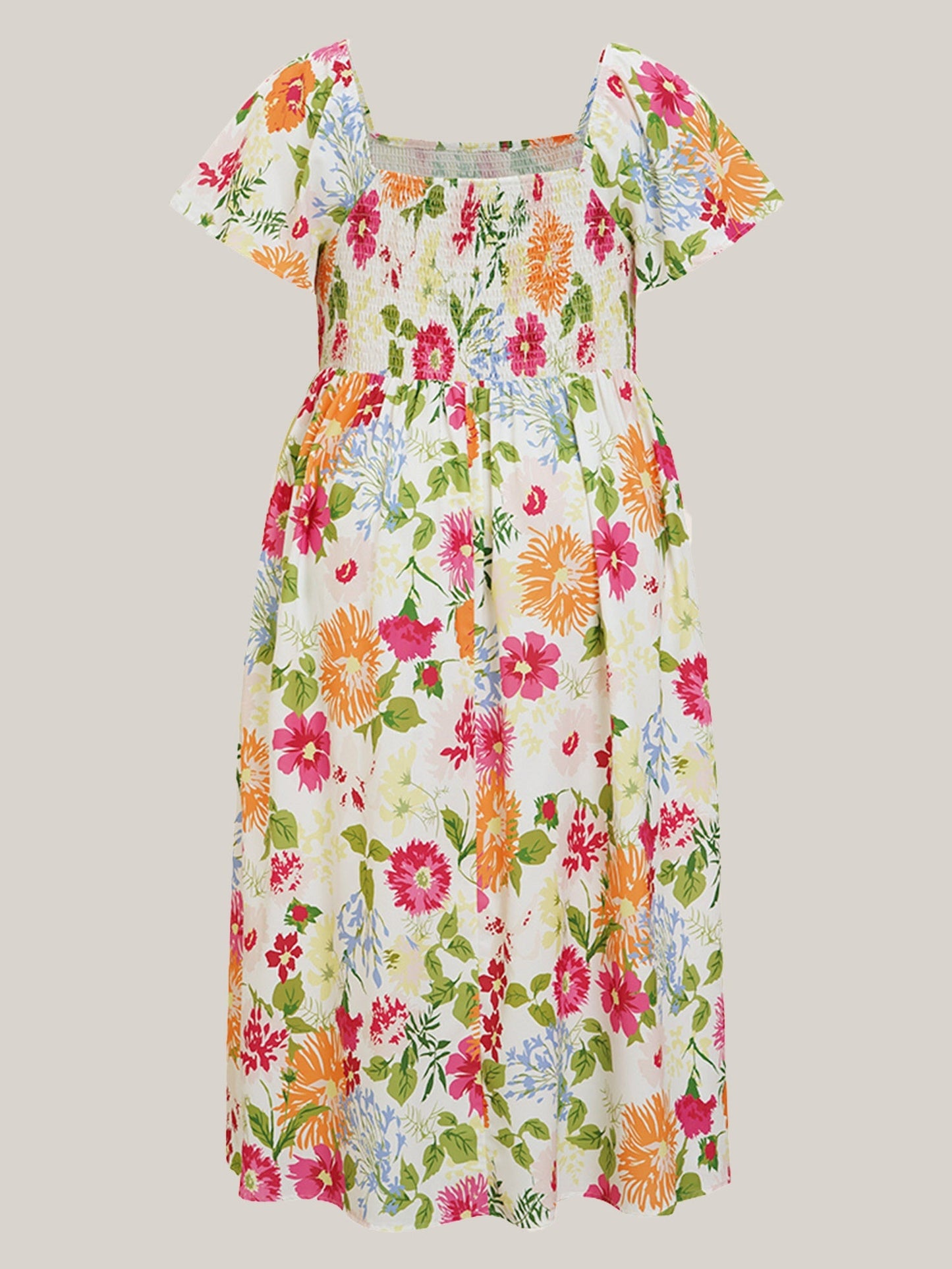 Floral Smocked Square Neck Midi Dress with Pockets