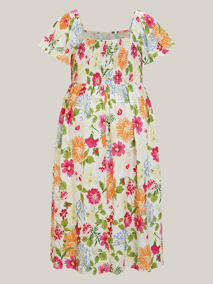 Floral Smocked Square Neck Midi Dress with Pockets