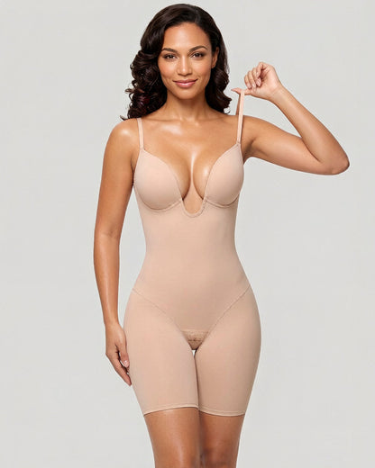 Women's U Plunge Strapless Tummy Control Bodysuit Low Back Built In Bra Shapewear