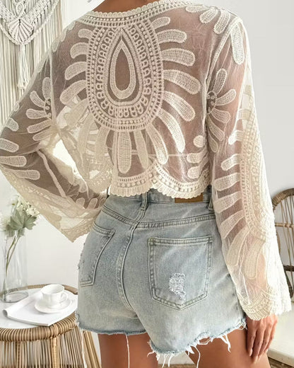 Women’s Floral Embroidery Sheer Beach Cover-Up