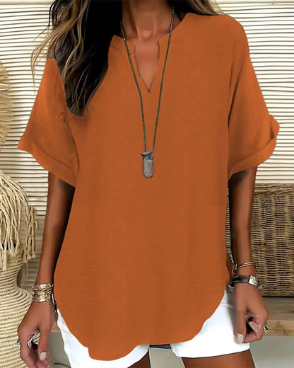 Relaxed V-Neck Short Sleeve Blouse