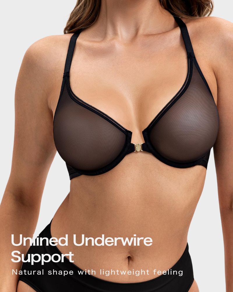 Front-Closure Mesh Plunge Racerback Underwire Bra