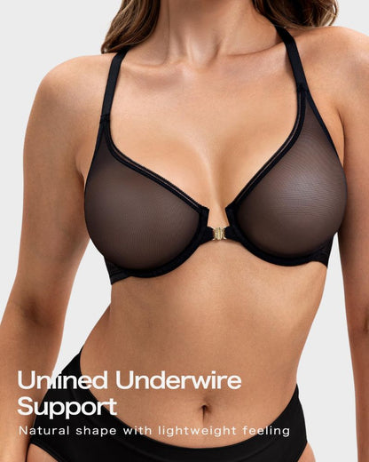 Front-Closure Mesh Plunge Racerback Underwire Bra